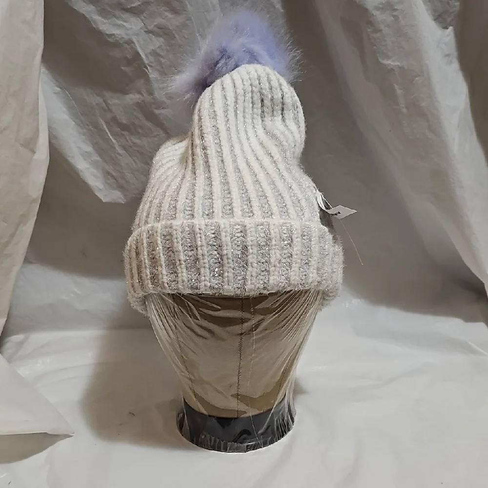Old Navy Girl L-XL White Ribbed Beanie w/Metallic Silver Detail, Purple Pom New